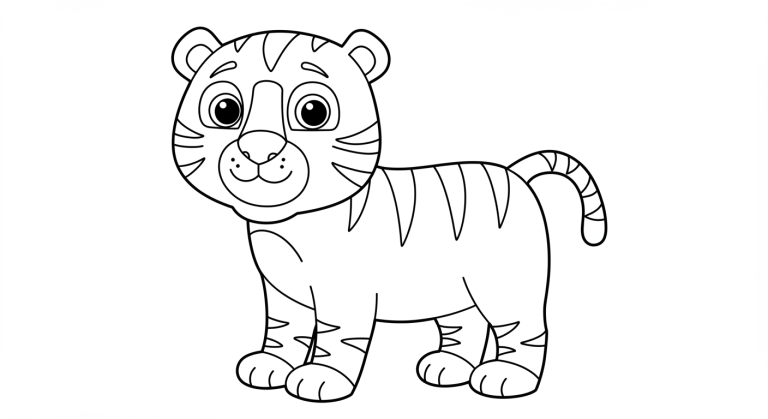 Orman temalı çocuk boyama kitabı sayfası – tukan, kaplan, maymun gibi hayvanlar içeren çizim.