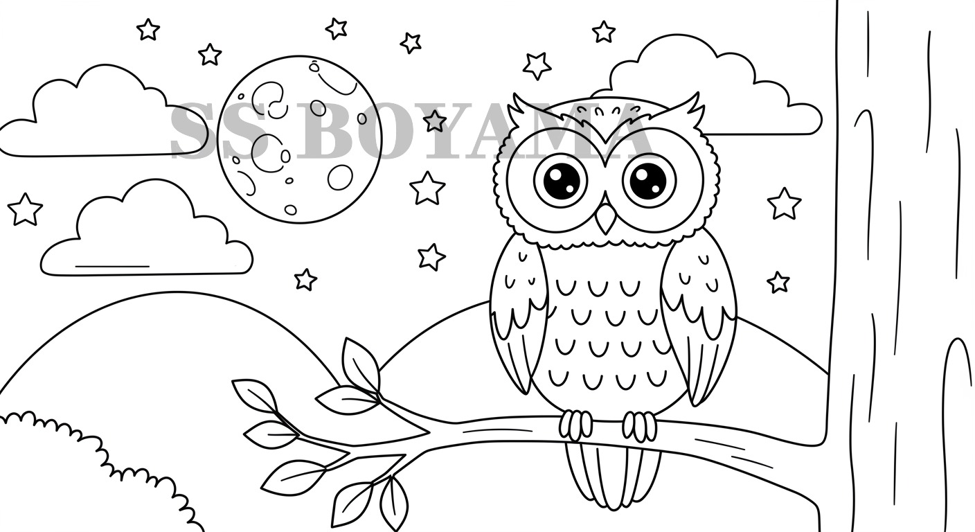 Ağaç dalında oturan çizgi film baykuşu, ay, yıldızlar ve bulutlar