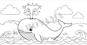 Mutlu balina su fışkırıyor, arka plan, bulutlar ve dalgalar