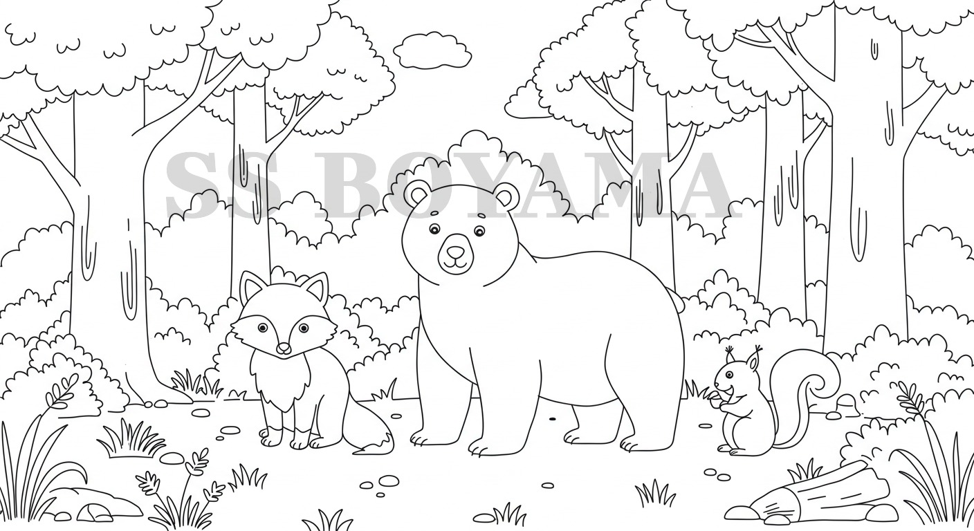 Bir grup orman hayvanı (ayı, tilki, sincap) birlikte duruyor, arka plan, çimen ve ağaçlar