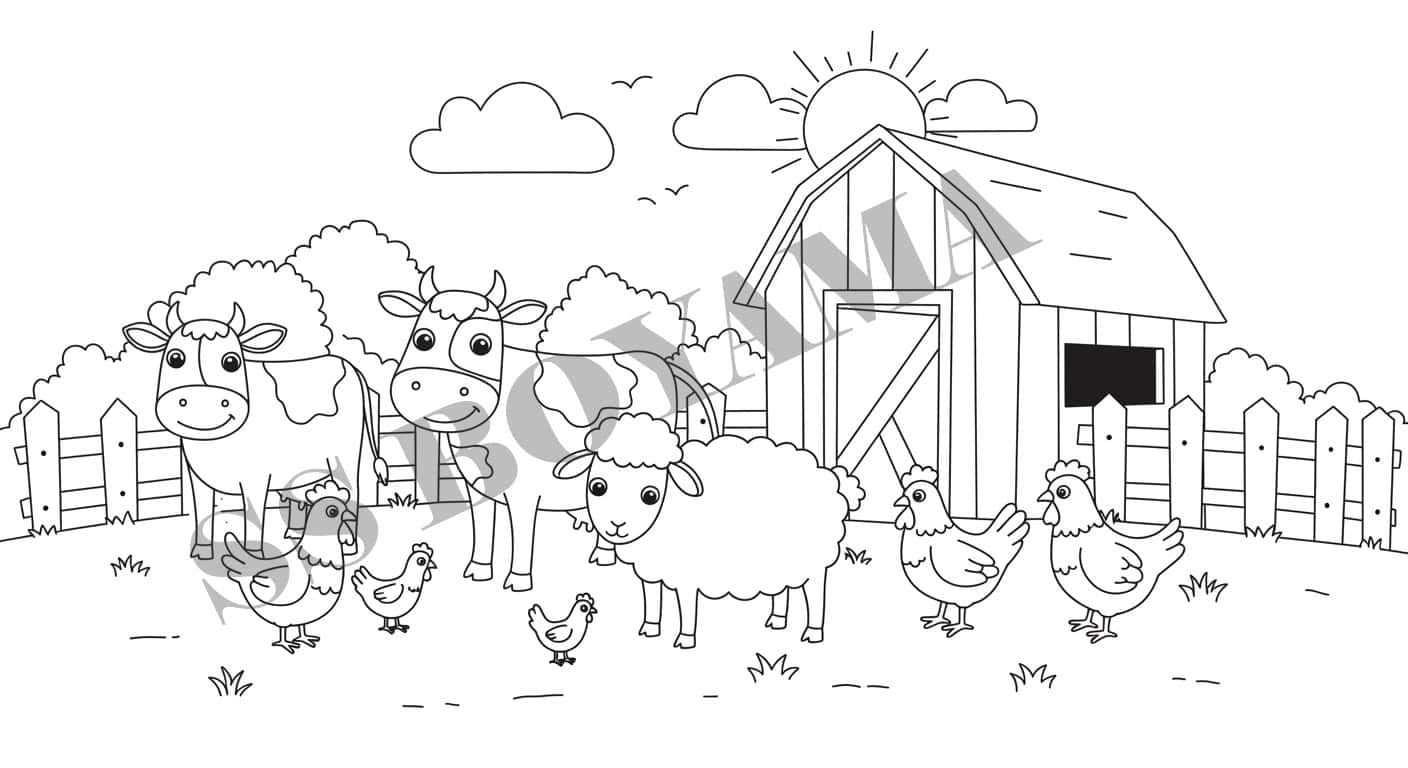 Birlikte duran çiftlik hayvanları (inek, koyun, tavuk) grubu, ahır, çit ve güneş içeren arka plan