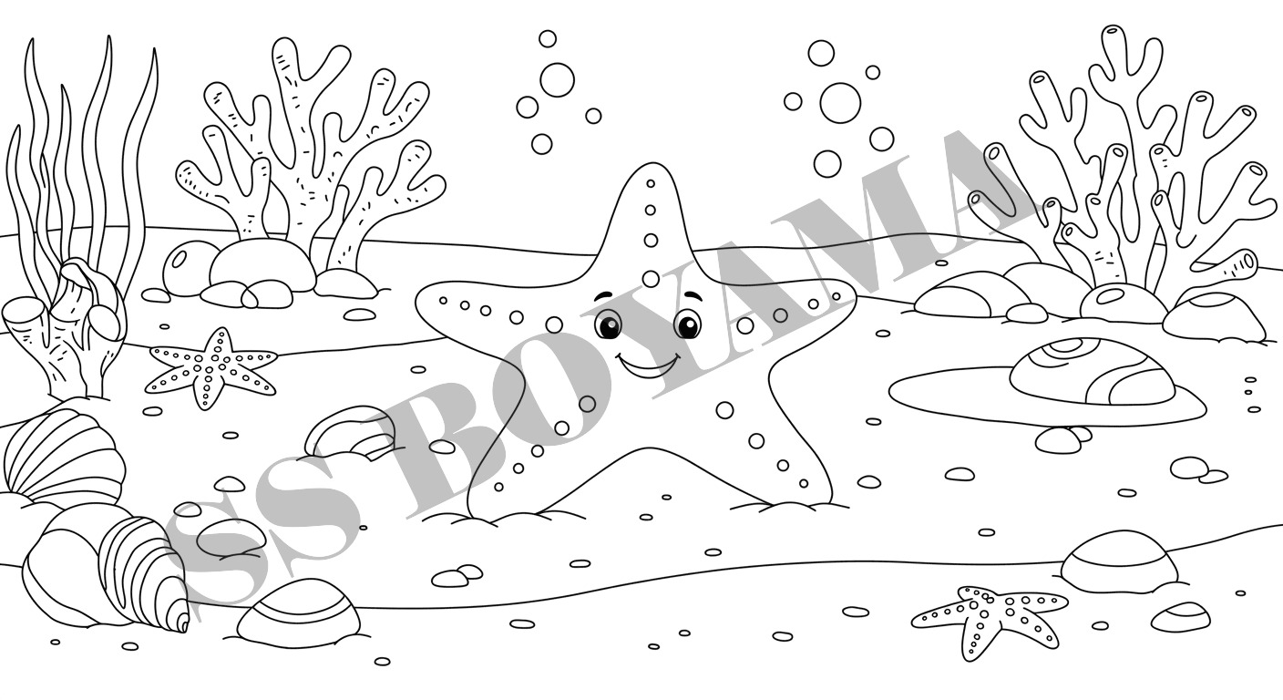 Kumlu okyanus tabanında gülümseyen deniz yıldızı, deniz kabukları, taşlar ve mercanlarla dolu arka plan