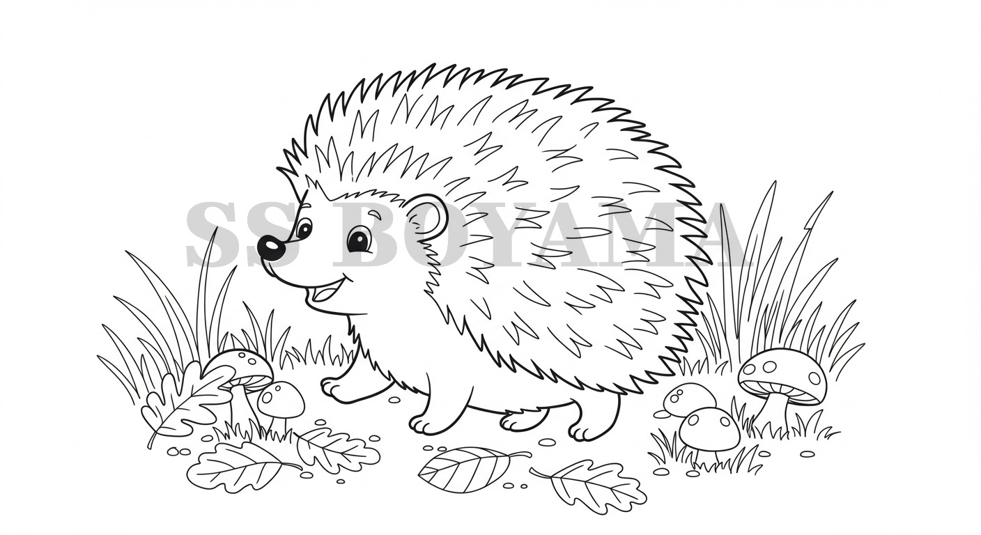 Gülümseyen kirpi yürüyor, arka planda düşen yapraklar, mantarlar ve çimenler