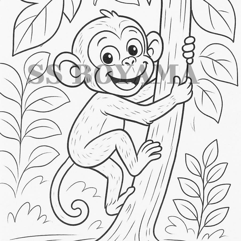 Komik maymun ağaca tırmanıyor, arka plan yapraklardan ve küçük bir çalıdan oluşuyor