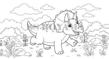 kaya ve bulutların yer aldığı arka planlı, koşan eğlenceli dinozor