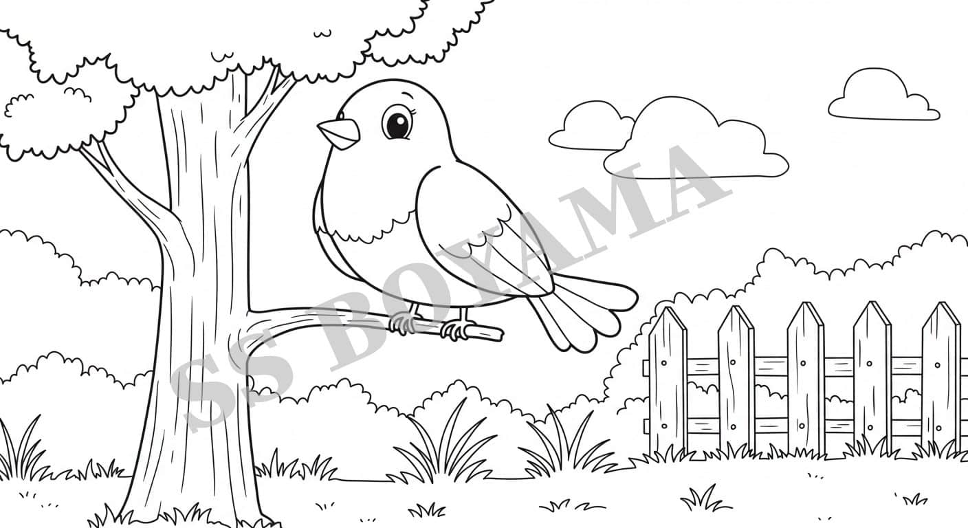 Ağaçta mutlu kuş, çimen, çit ve bulutlarla dolu arka plan