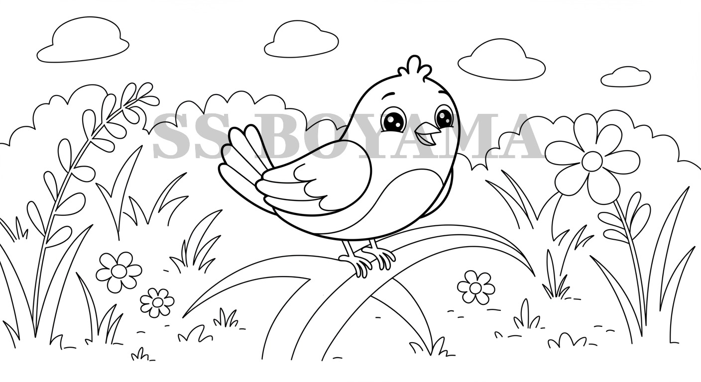 Mutlu kuş, basit çimen ve çiçeklerle arka plan