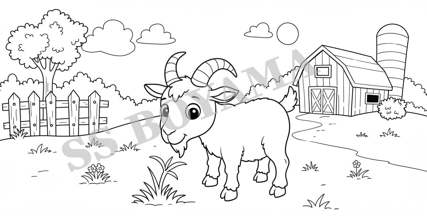 Ot yiyen keçi, çit, ağaçlar ve basit ahır içeren arka plan