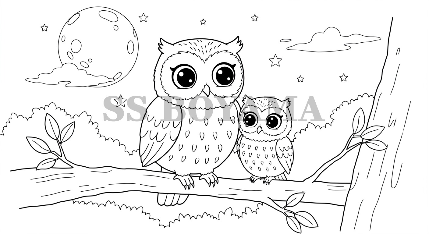 Sevimli baykuş ailesi (ebeveyn ve bebek) bir dalda oturuyor, arka planda yıldızlar ve ay var