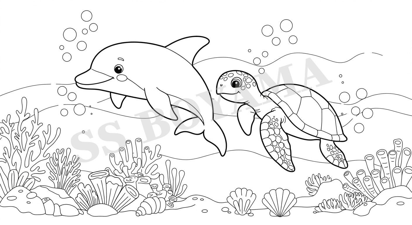 Sevimli yunus ve kaplumbağa yan yana yüzüyor, mercanlar, deniz kabukları ve baloncuklarla dolu arka plan