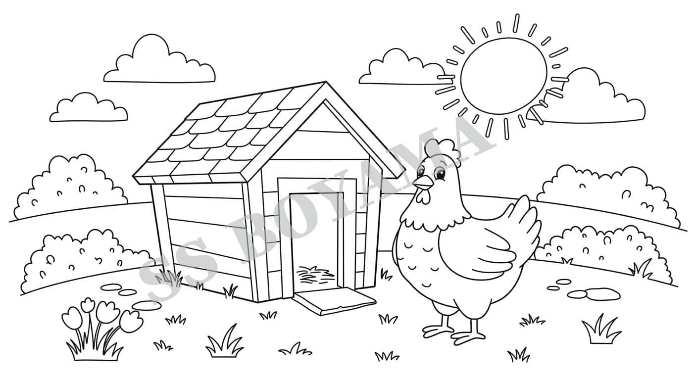 Çit direğinin üzerinde duran horoz, arka planda yükselen güneş, bulutlar ve uzaktaki ahır