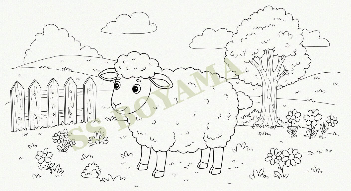 Tüylü yünlü sevimli koyun, ahşap çit, çiçekler ve küçük bir ağaç