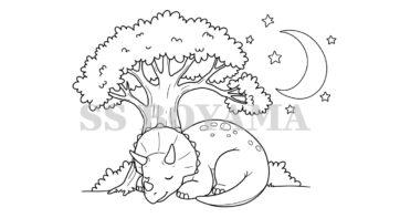 bir ağacın altında uyuyan dinozor, gökyüzünde ay ve yıldızlar