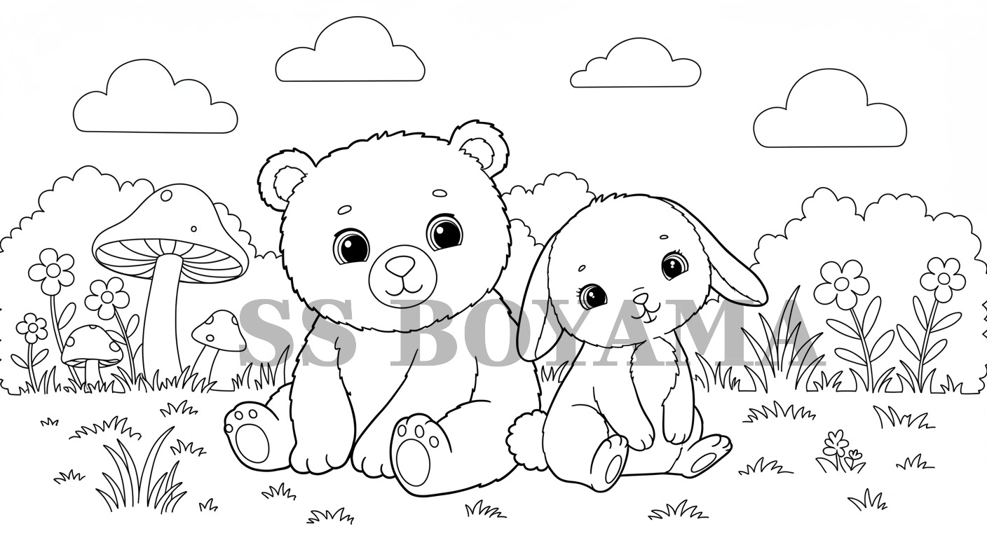 Yan yana oturan bebek ayı ve tavşan, mantarlı, bulutlu ve çiçekli