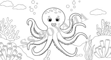 Kollarını sallayan gülümseyen ahtapot, deniz yosunu, mercanlar ve baloncuklarla dolu arka plan