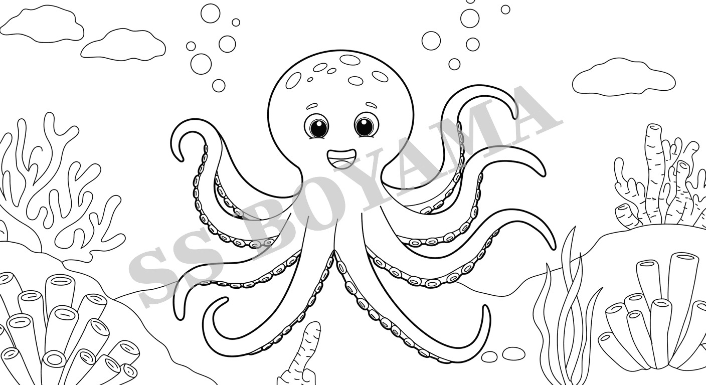 Kollarını sallayan gülümseyen ahtapot, deniz yosunu, mercanlar ve baloncuklarla dolu arka plan