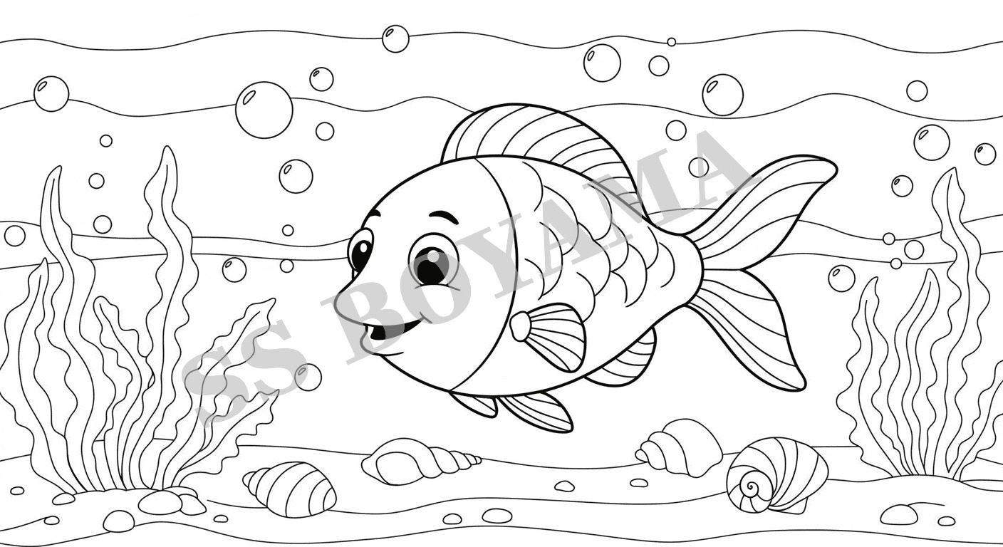 Sevimli çizgi film balığı gülümsüyor, yosun, baloncuklar ve deniz kabukları içeren arka plan