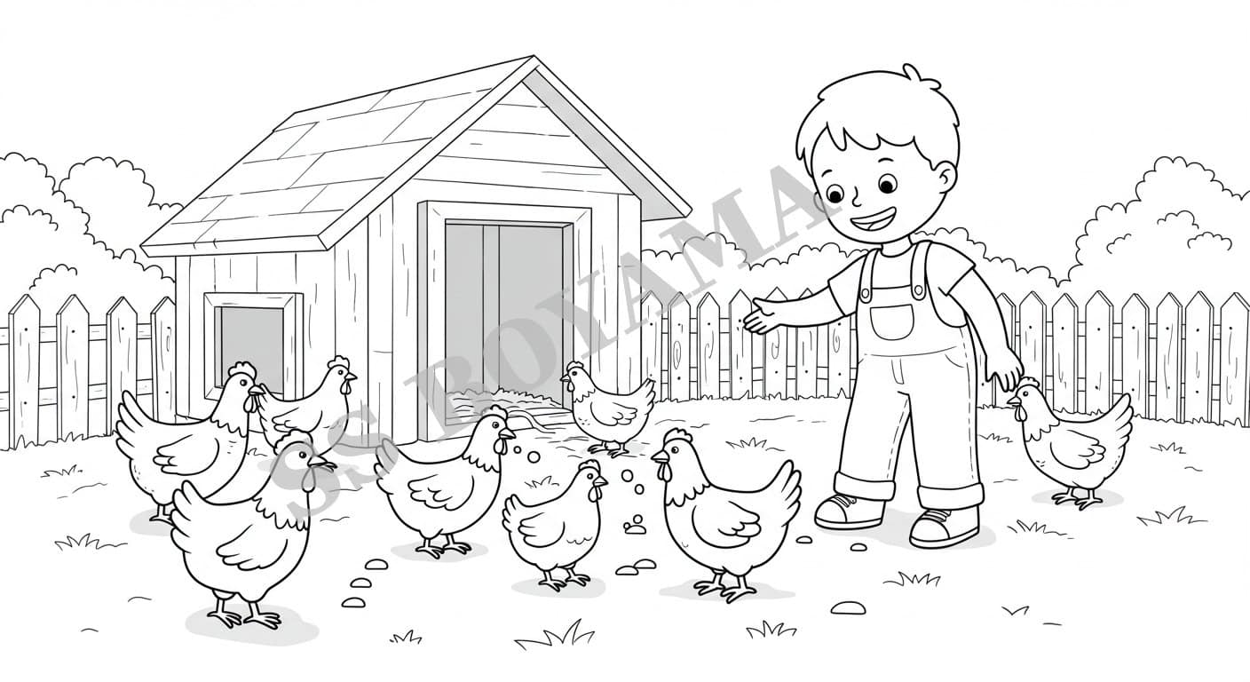 Tavukları besleyen çiftçi çocuk, tavuk kümesi, çit ve çimen içeren arka plan