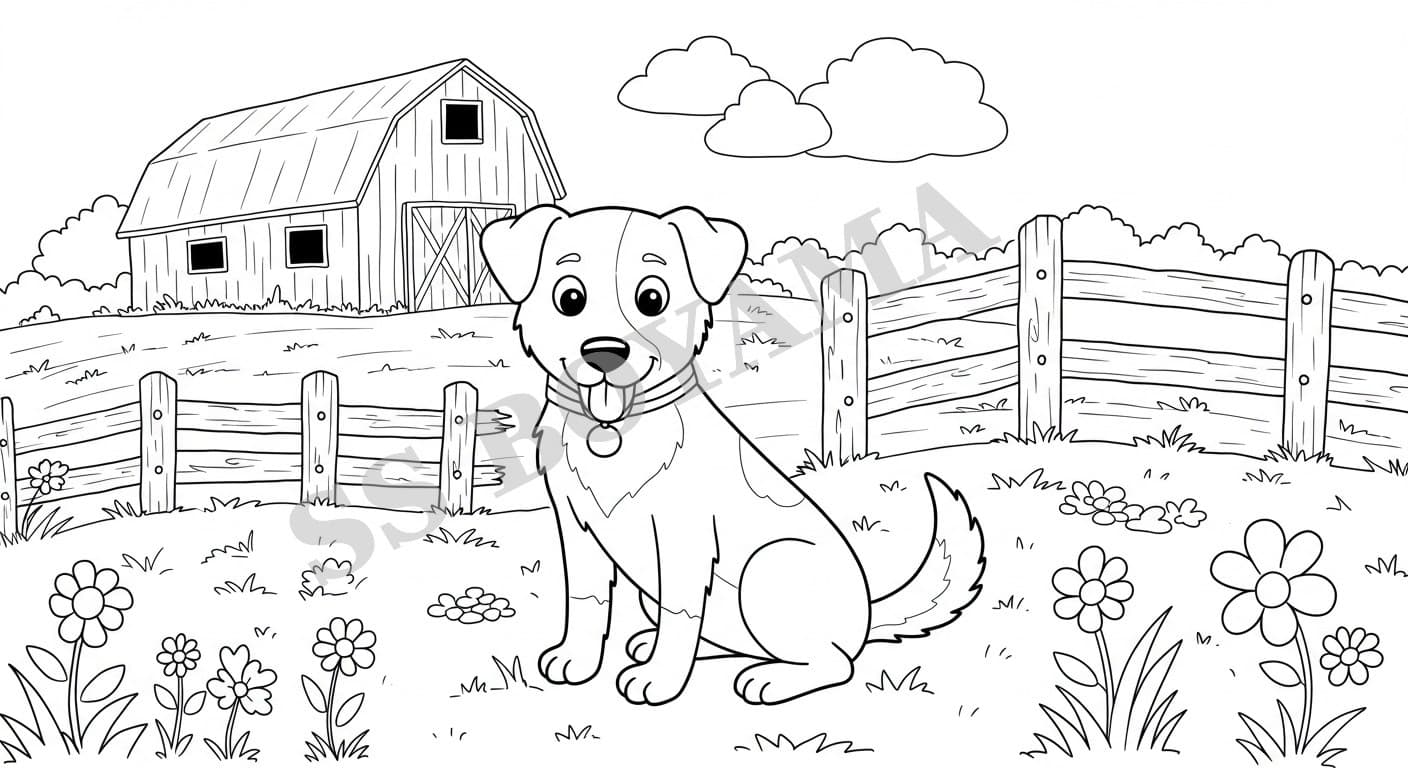 Çiftlik köpeği mutlu bir şekilde oturuyor, arka planda ahır, ahşap çit ve çiçekler var