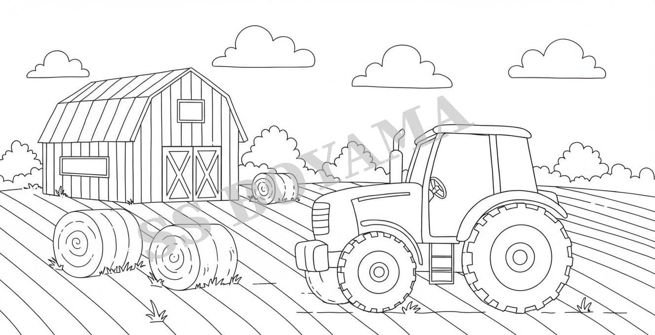 Çiftlik tarlasında traktör, arka planda ahır, saman balyaları ve bulutlar