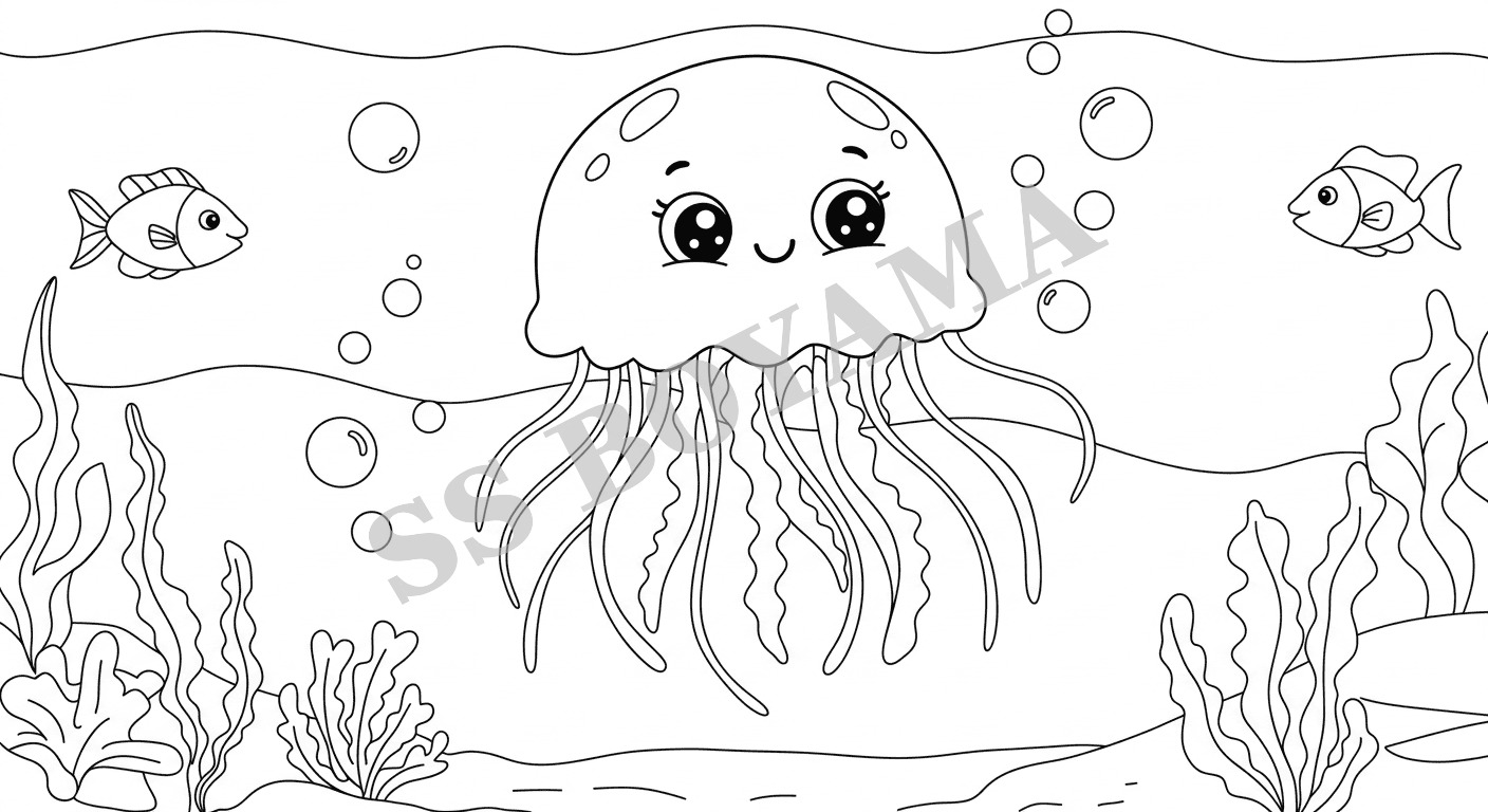 Sevimli denizanası yüzüyor, arka planda baloncuklar, deniz yosunu ve küçük balıklar var