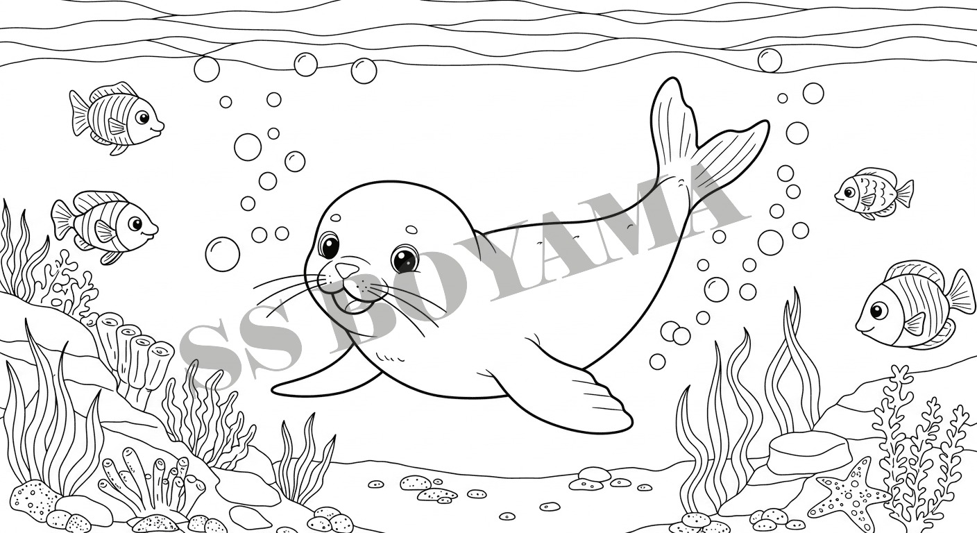 Su altında yüzen bebek fok, balık, deniz yosunu ve baloncuklarla arka plan