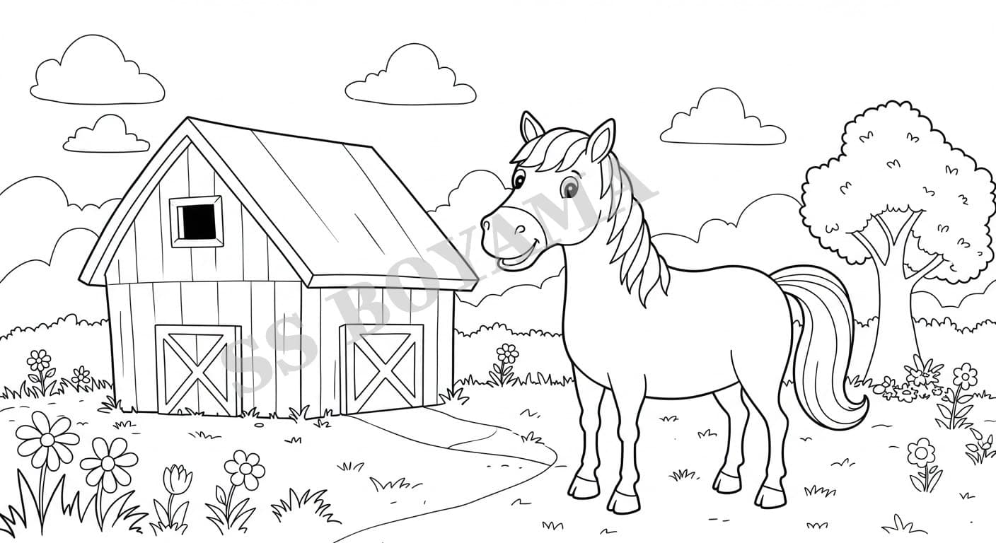 Ahırın yanında duran gülümseyen at, bulutlar, çimenler ve çiçeklerle dolu arka plan