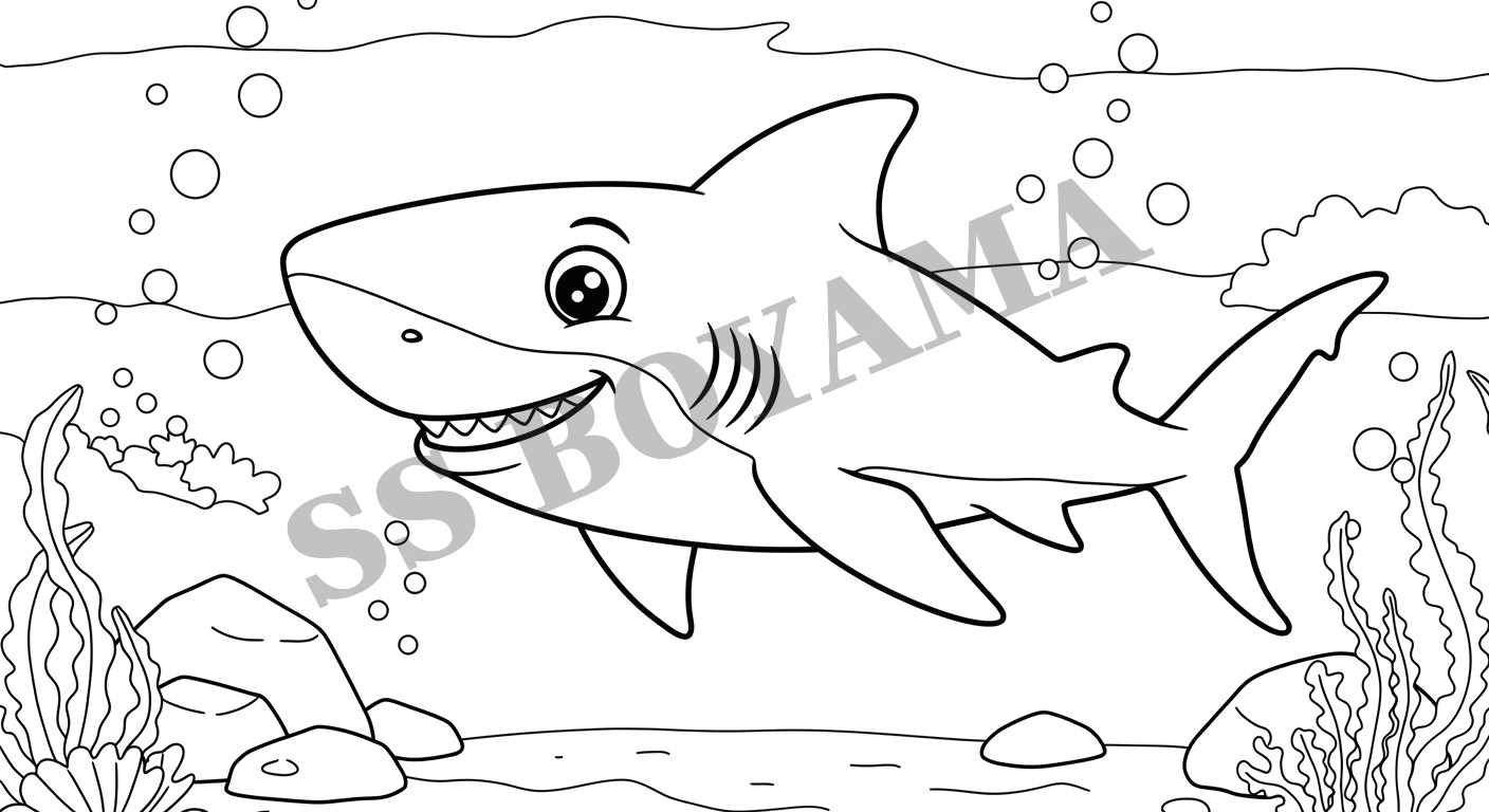 Dost canlısı yüzlü gülümseyen köpekbalığı, yosun, kayalar ve baloncuklarla dolu arka plan