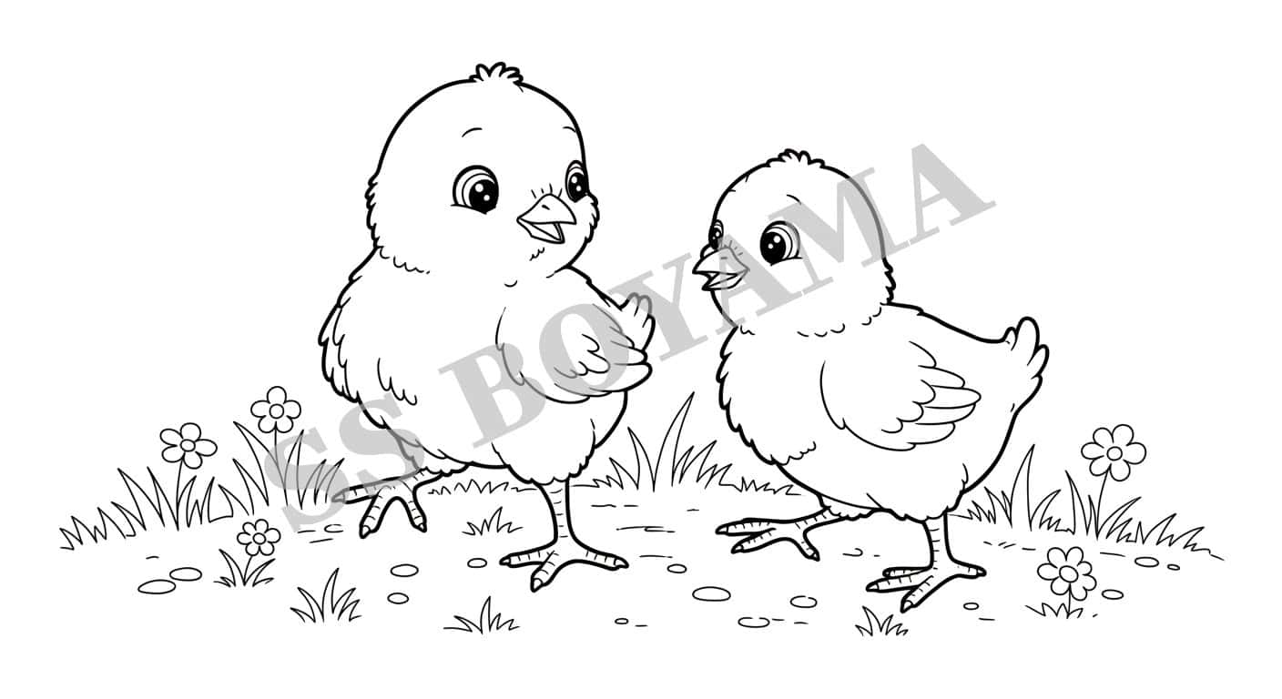 Birlikte yürüyen iki civciv, çimenli arka plan ve küçük çiçekler