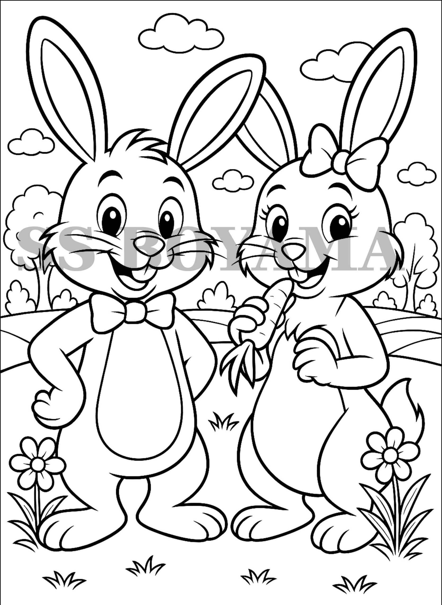 Birlikte oynayan iki sevimli tavşan, arka planda çalılar, mantarlar ve bulutlar