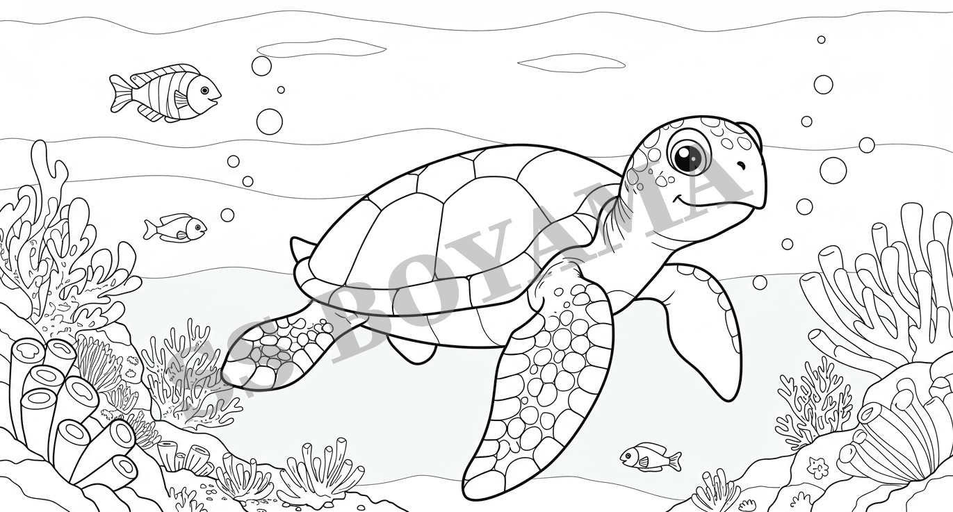 Sevimli kaplumbağa yüzüyor, mercanlar, küçük balıklar ve baloncuklarla dolu arka plan