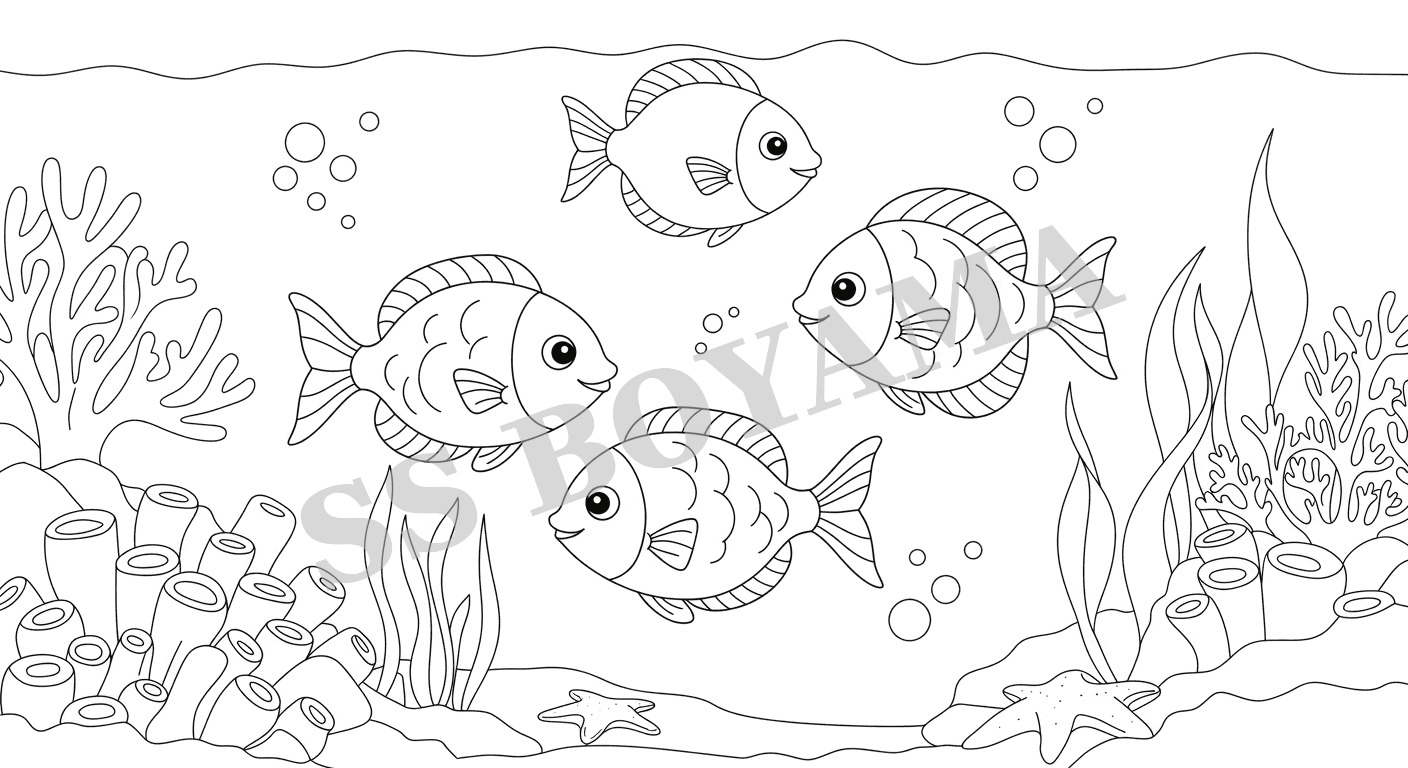 Birlikte yüzen küçük balık grubu, mercanlar, deniz yosunu ve baloncuklarla dolu arka plan