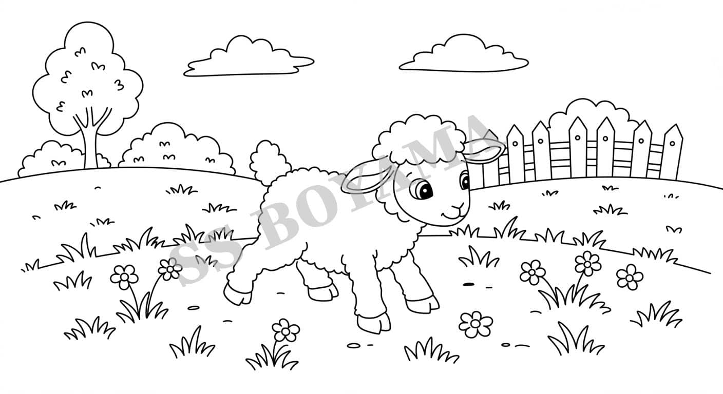 Çimenlerde oynayan kuzu yavrusu, küçük çiçekler, ağaçlar ve çitle çevrili arka plan