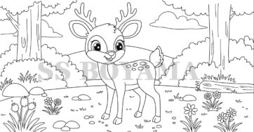 Çimenlerin üzerinde duran mutlu geyik, ağaçlar, çiçekler ve küçük kayalar