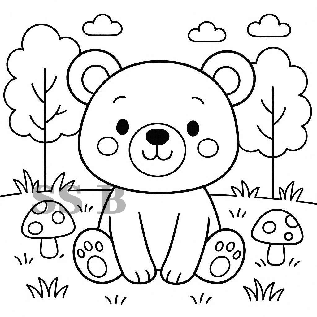 Gülümseyen ve oturan sevimli çizgi film ayısı, ağaçlar, mantarlar ve çimenlerle