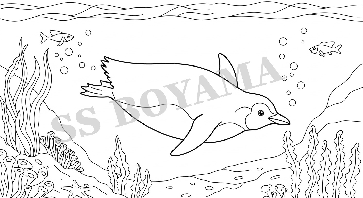 su altında yüzen penguen, balık, deniz yosunu ve baloncuklarla arka plan