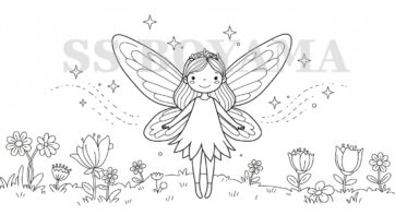 Kanatlı peri gülümsüyor, çiçekler, yıldızlar