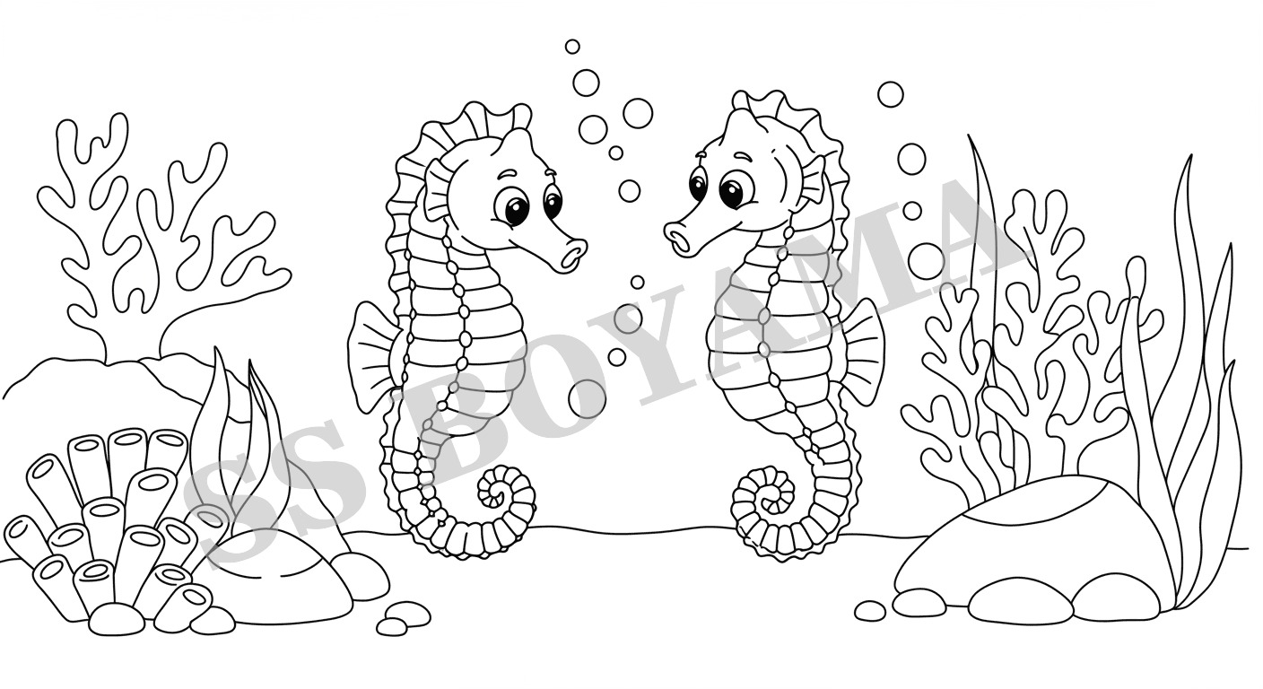 Birlikte iki sevimli denizatı, mercanlar, taşlar ve baloncuklarla dolu arka plan,