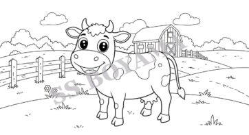 Çimenlerin üzerinde duran, gülümseyen sevimli çizgi film ineği, ahşap çit ve ahır