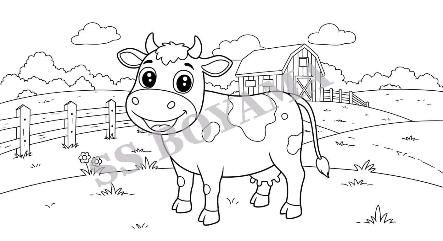 Çimenlerin üzerinde duran, gülümseyen sevimli çizgi film ineği, ahşap çit ve ahır