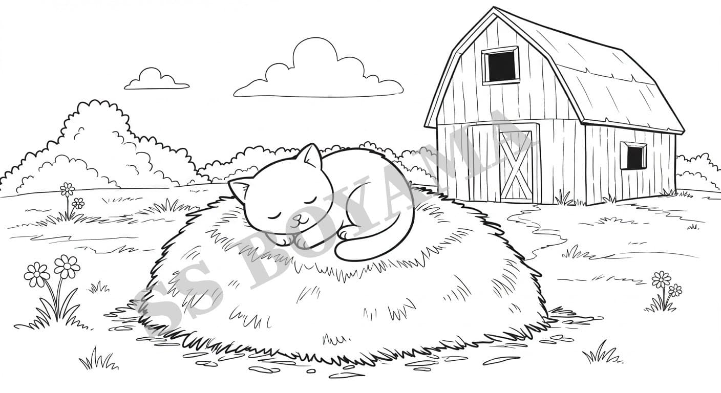 Samanlıkta uyuyan sevimli kedi, ahır, çimen ve çiçeklerle dolu arka plan