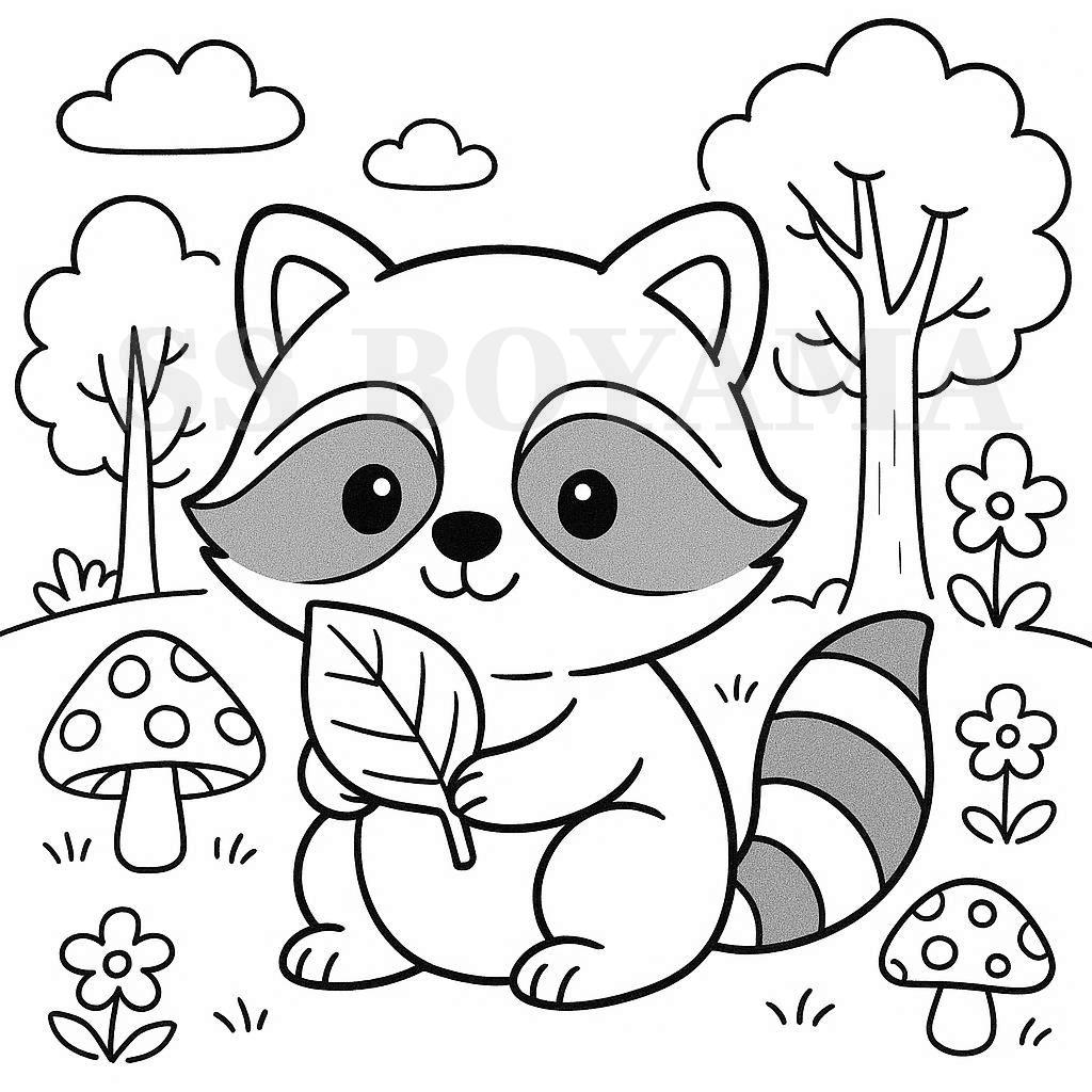 Yaprak tutan sevimli rakun, mantar, ağaç ve çiçekler