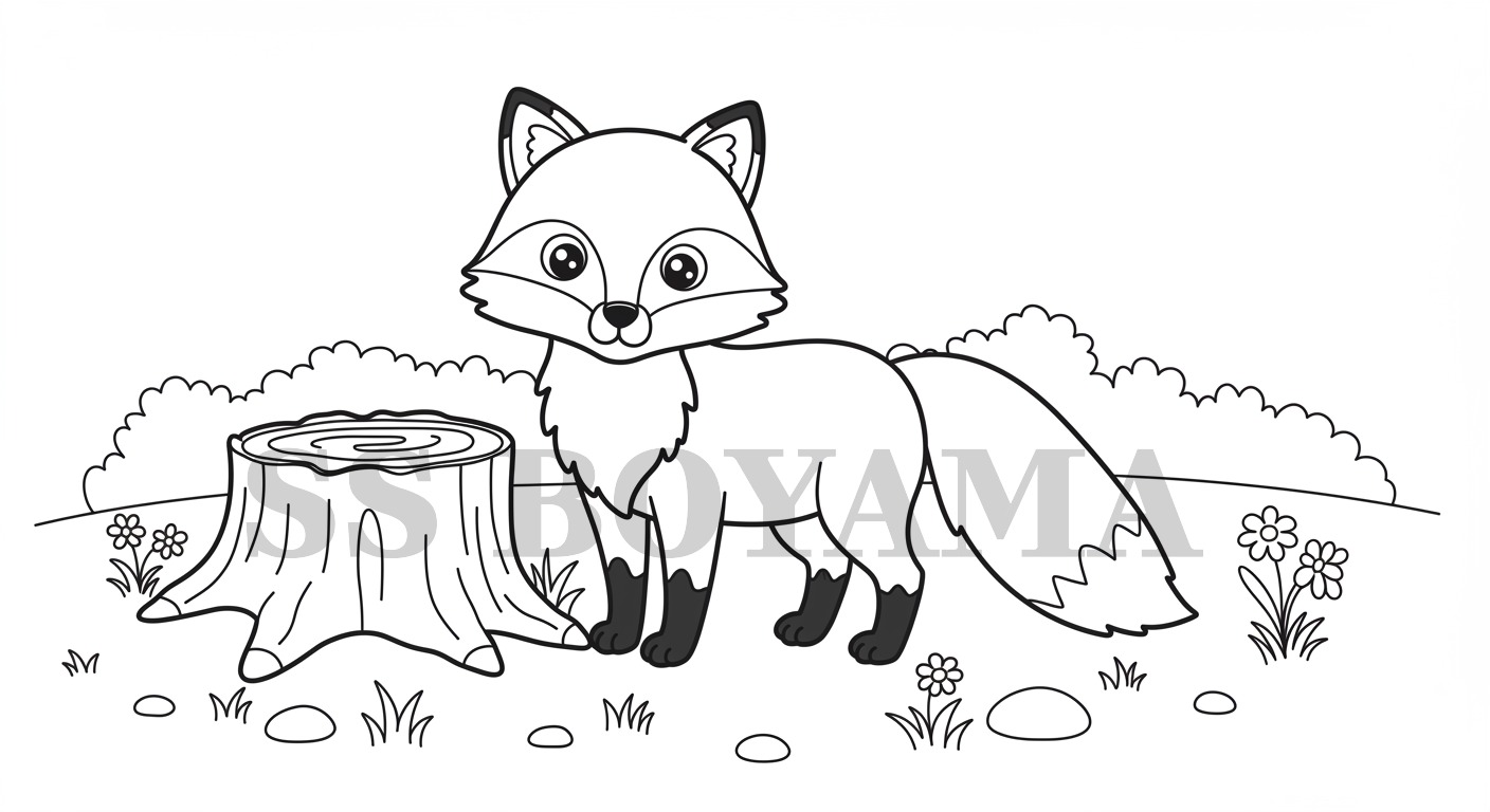 Ağaç kütüğünün yanında duran sevimli tilki, çimen, çiçek ve küçük taşlar