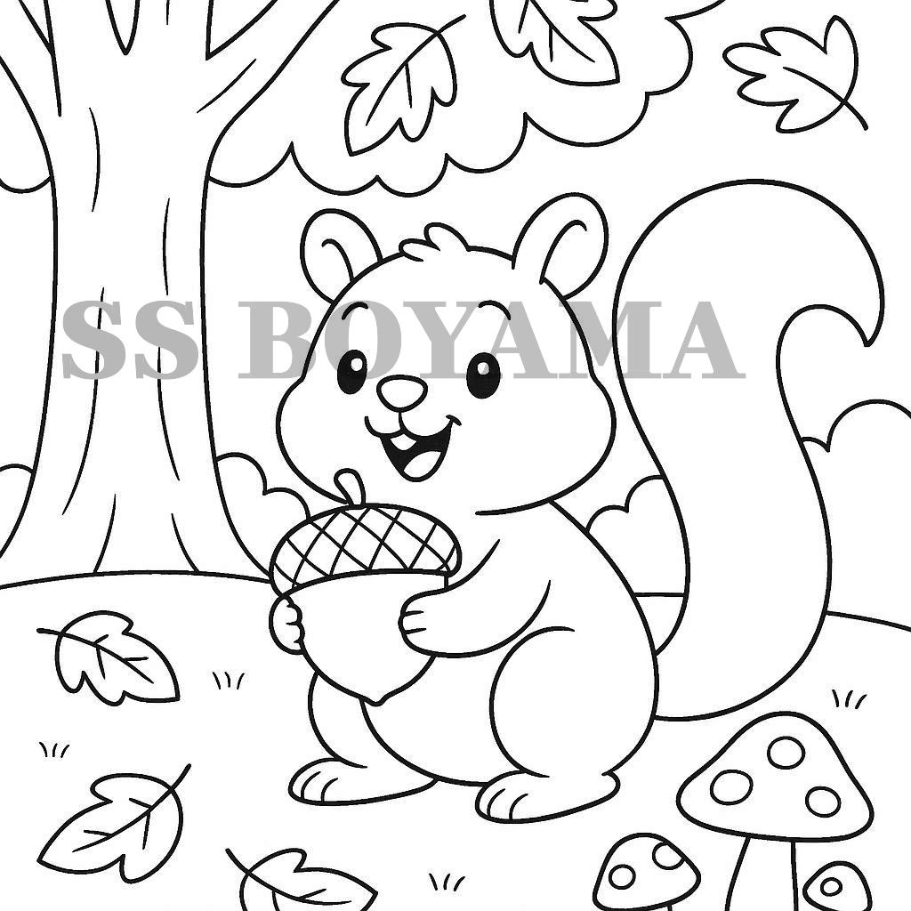 Meşe palamudu tutan mutlu sincap, büyük bir ağaç, yapraklar ve mantarlar