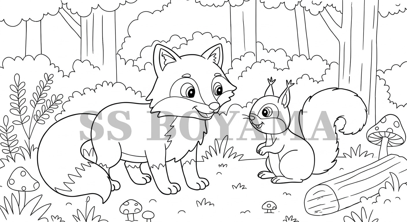 Şakacı tilki ve sincap birlikte, orman ağaçları, çimenler ve mantarlarla dolu