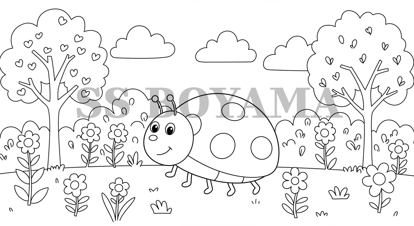 ağaçlar, çiçekler ve bulutlarla uğur böceği