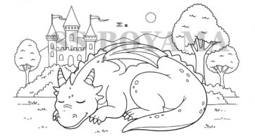 Huzur içinde uyuyan ejderha, ağaçlar, çiçekler ve kale ile arka plan