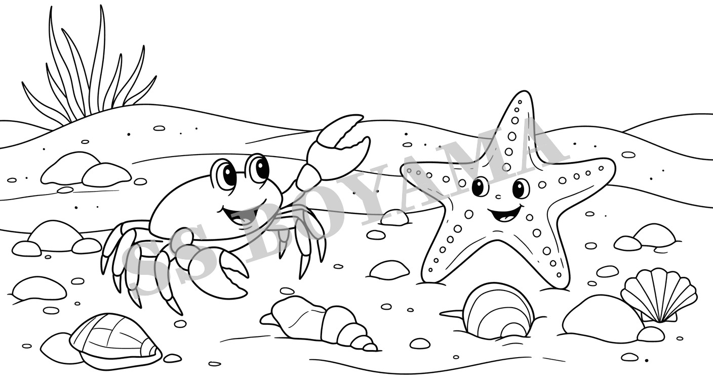 Komik yengeç ve deniz yıldızı bir arada, kum, taş ve deniz kabuklarıyla arka plan