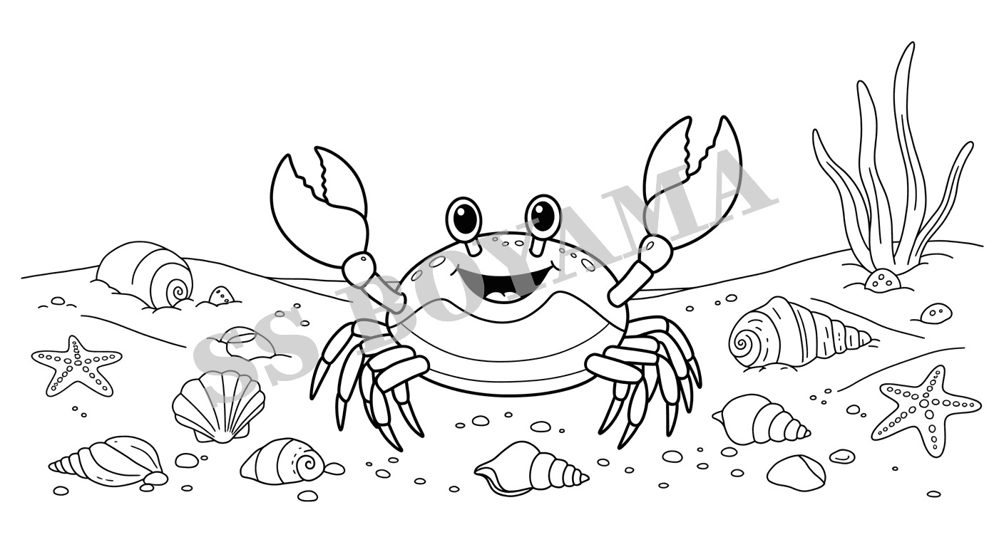 Büyük pençeli komik yengeç, kum, deniz kabukları ve denizyıldızı içeren arka plan