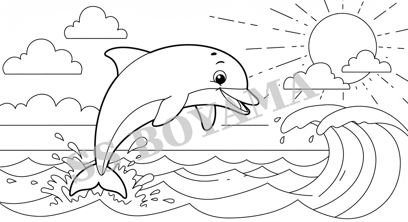 Sudan sıçrayan mutlu yunus, dalgalar, bulutlar ve güneşle dolu arka plan,